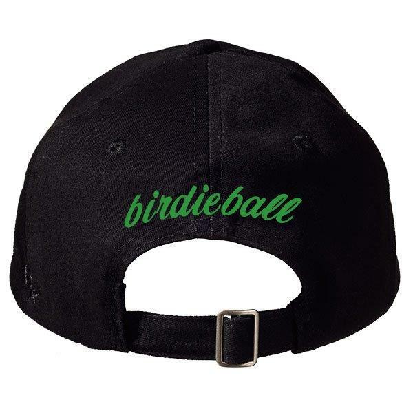 BirdieBall Hat (Black Logo) viewed from the back, showing "birdieball" in green script above an adjustable strap with a metal buckle. Brand: BirdieBall.