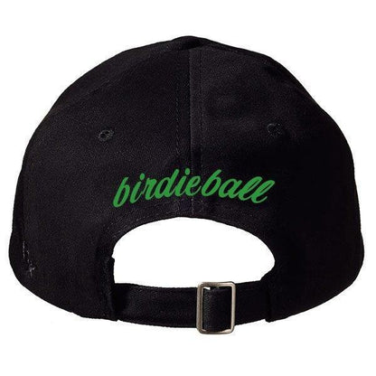 BirdieBall Hat (Black Logo) viewed from the back, showing "birdieball" in green script above an adjustable strap with a metal buckle. Brand: BirdieBall.