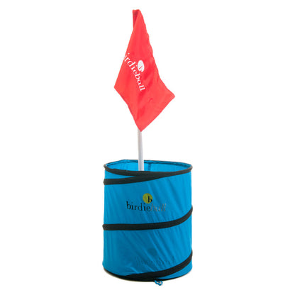The BirdieBall Super Set includes 1 dozen limited flight practice golf balls, a strike pad, and a collapsible blue target with a white pole and red "birdieball" flag—ideal for convenient at-home golf training.