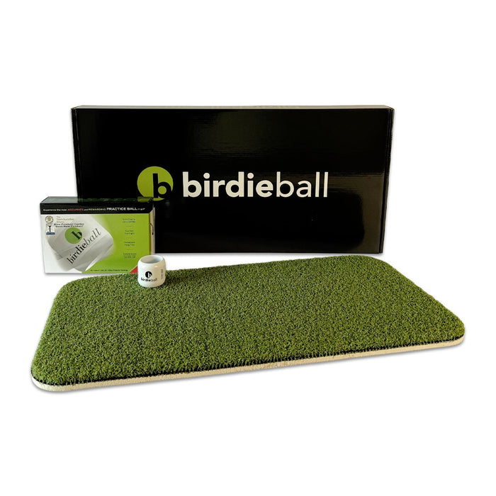 The BirdieBall Turf Set features a rectangular artificial turf mat and a dozen limited flight practice golf balls—ideal for creating your own backyard driving range—all shown against a clean, white backdrop.