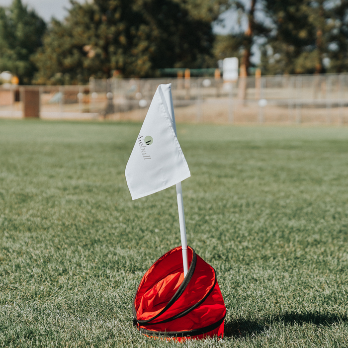 A small white flag with a hole graphic stands in a red BirdieBall BirdieTarget | Portable Golf Target on grass, with trees and a fence in the background.