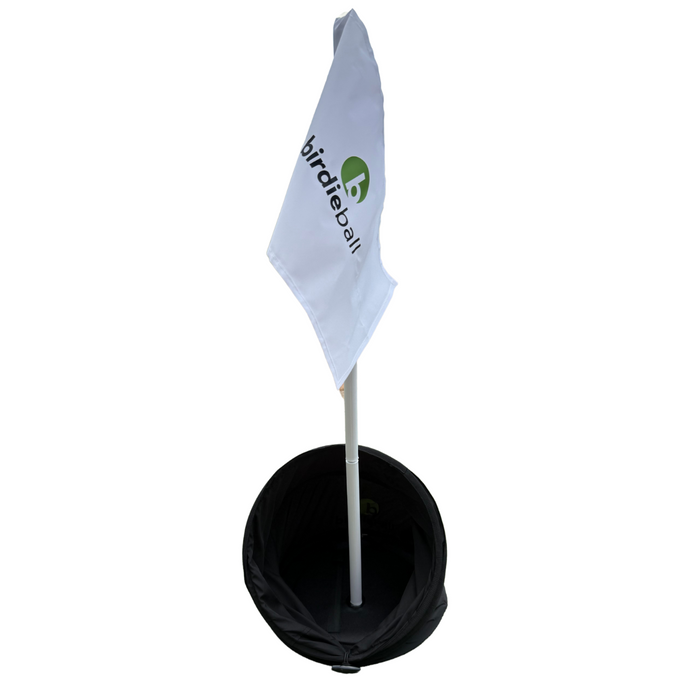 The BirdieBall BirdieTarget Portable Golf Target features a black circular cup and vertical white flag labeled "BirdieBall," making it an ideal golf practice target for honing your chipping skills.