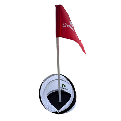 The BirdieBall BirdieTarget | Portable Golf Target features a red flag, white pop-up net, and BirdieBall logo—ideal for golf practice or fun games anywhere.