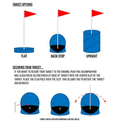 Diagram of three target options (flat, back stop, upright) and instructions for securing BirdieBall's The Original Backyard Golf Game (Choose Number of Golf Holes) with a nail, allowing 360° rotation—ideal for backyard golf practice.