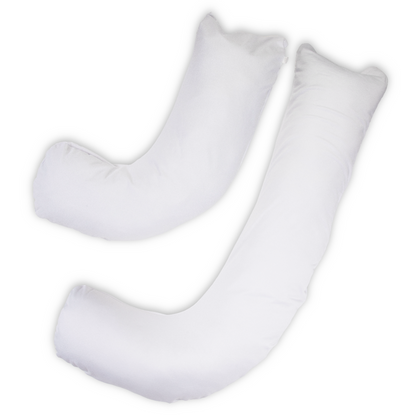 Two white curved body pillows on a plain white background.