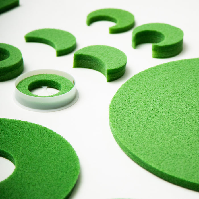BirdieBall Contour/Break Shims & Challenging Hole Reducers let you create breaks and contours for golf practice, using green foam shapes—perfect for putting green setups.