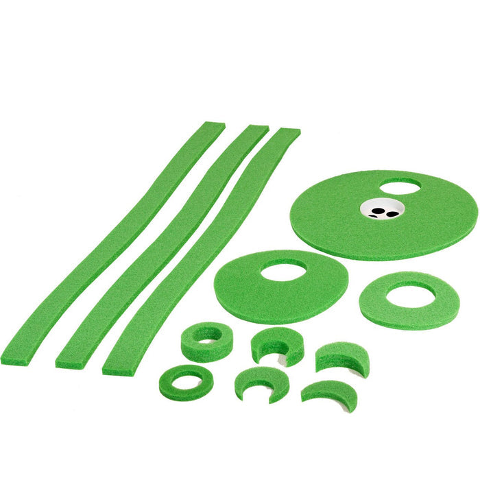 BirdieBall Contour/Break Shims & Challenging Hole Reducers—green foam strips, circles, semicircles, and an "eye-dot" piece—create putting green breaks and hole challenges; all shown on a white background.