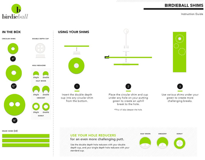 BirdieBall's Contour/Break Shims & Challenging Hole Reducers include step-by-step instructions, components list, and tips on creating breaks and adding challenge to your putting green with shims and hole reducers.