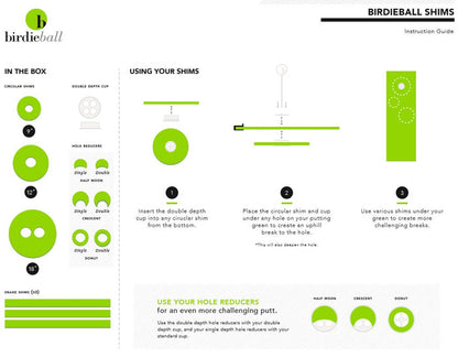 BirdieBall's Contour/Break Shims & Challenging Hole Reducers include step-by-step instructions, components list, and tips on creating breaks and adding challenge to your putting green with shims and hole reducers.