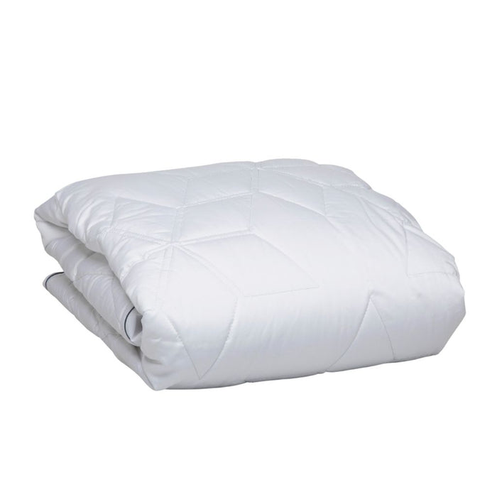 A folded white quilted comforter or duvet with a stitched geometric pattern, shown on a plain white background.