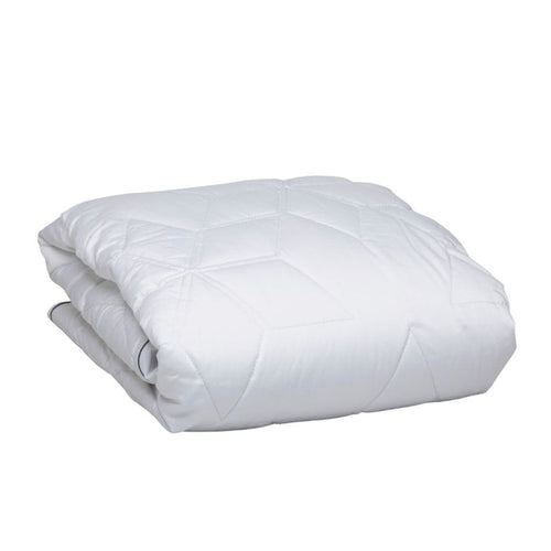 A folded white quilted comforter or duvet with a stitched geometric pattern, shown on a plain white background.