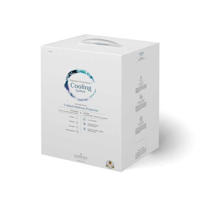 A white rectangular product box for a cooling mattress protector, shown at a slight angle on a clean white background. The front features a blue and white circular graphic with the text 'Cooling Quality' and smaller product details, while the side displays technical specifications and icons.
