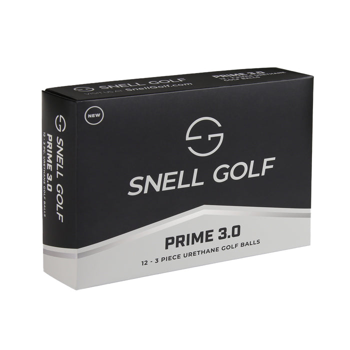 A black and white box labeled "Dozen Golf Balls (Snell Golf PRIME 3.0)" by BirdieBall contains 12 three-piece distance golf balls with urethane covers.