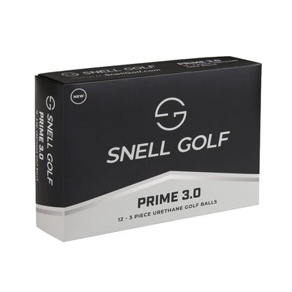 A black and white box labeled "Dozen Golf Balls (Snell Golf PRIME 3.0)" by BirdieBall contains 12 three-piece distance golf balls with urethane covers.
