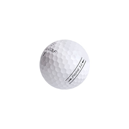 A dozen white BirdieBall golf balls (Snell Golf PRIME 3.0) with a dimpled surface, durable urethane cover, and "PRIME 3.0" text, isolated on a white background.