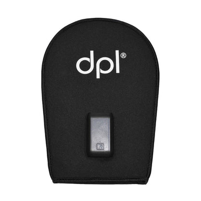 A black neoprene DPL red light therapy hand mitt with a white printed logo 'dpl' and a central battery, shown against a plain white background.