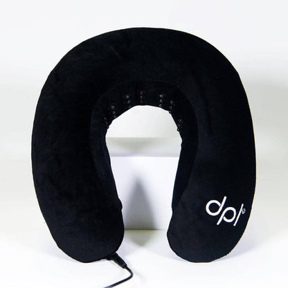Black neck pillow with 'dpl' logo on a white background