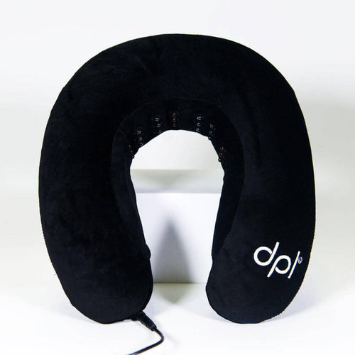 Black neck pillow with 'dpl' logo on a white background