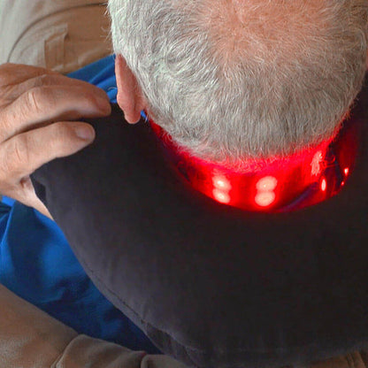 Person wearing a dpl® Light Therapy Neck Pillow