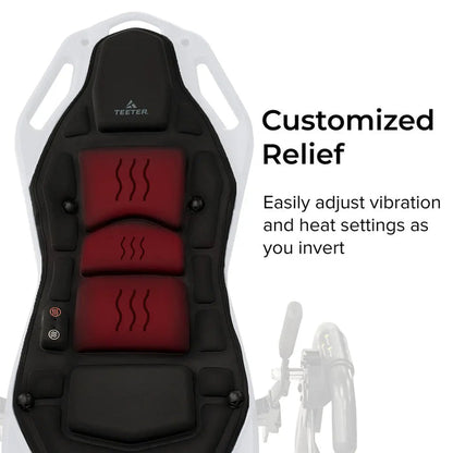 The front view of the FitSpine Heat and Vibration Comfort Cushion by Teeter features a sleek black design. The cushion offers customizable relief, allowing you to easily adjust the vibration and heat settings while you invert.