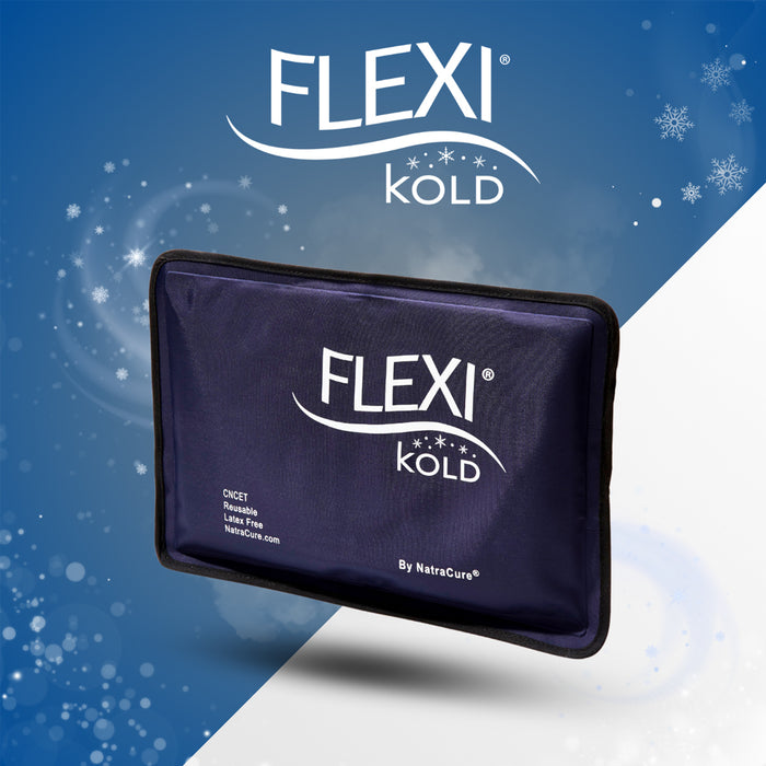 FLEXI KOLD ice pack on a blue and white gradient background with FLEXI branding.