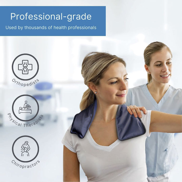 Woman receiving shoulder therapy with a professional using a cold pack, with text indicating professional-grade use.