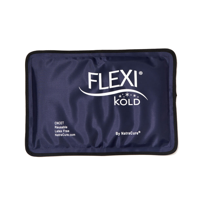 Navy blue ice pack with 'Flexi Kold' branding on a white background