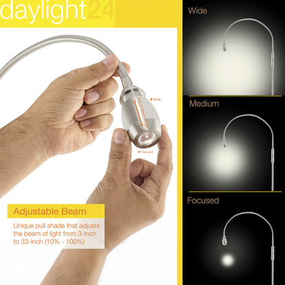 Hand holding a flexible light source with adjustable beam, showing different beam widths on a white background.