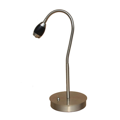Brass-colored desk lamp with flexible neck on a white background