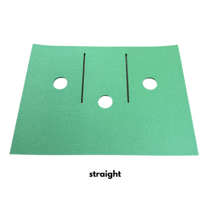 The BirdieBall Full Width Hole Deepening/Break Shim Set (Shapes Available) features a green rectangular mat with three vertical slits and three circular holes labeled "straight," perfect for double depth putting cups or using a putting mat shim.