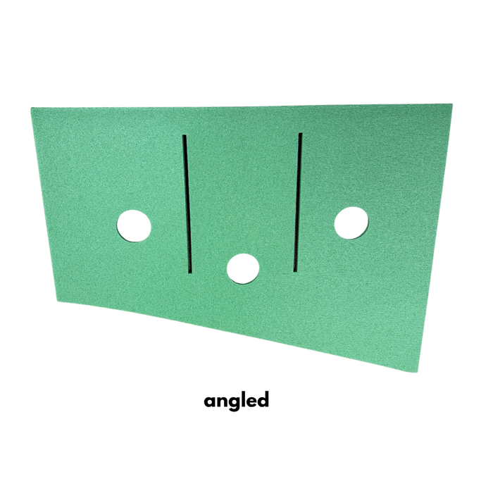 A green rectangular BirdieBall Full Width Hole Deepening/Break Shim Set panel, with three vertical slots and three holes, labeled "angled" below. Shapes available.