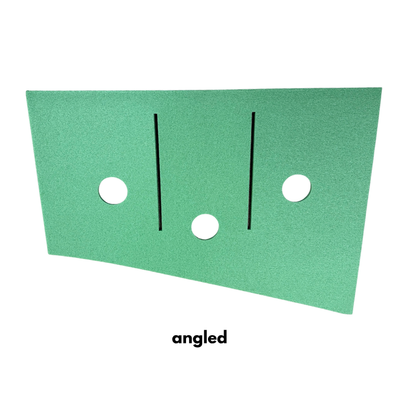 A green rectangular BirdieBall Full Width Hole Deepening/Break Shim Set panel, with three vertical slots and three holes, labeled "angled" below. Shapes available.