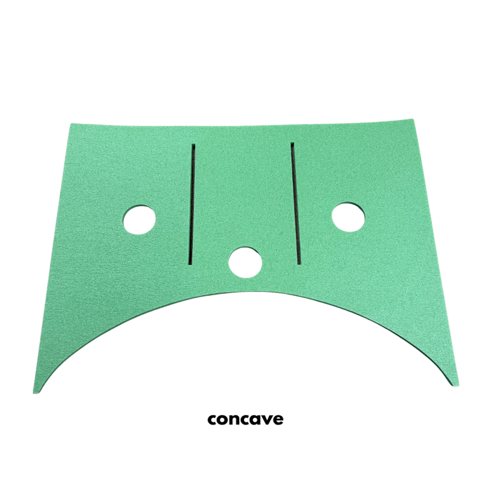 BirdieBall Full Width Hole Deepening/Break Shim Set: Green rectangular sheet with 3 circular holes, 2 vertical slits, and a concave bottom; great for Tour Turf Mats or as a putting mat shim. "Concave" is labeled below.