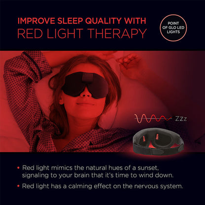 Person wearing a sleep mask with text about red light therapy for sleep improvement.