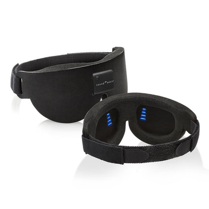 Black sleep mask with blue LED lights on a white background
