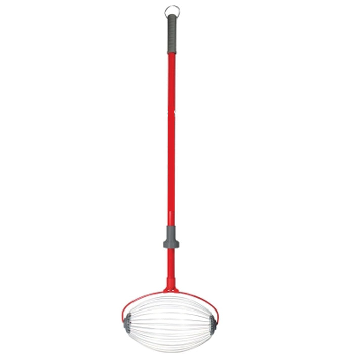 The BirdieBall Golf Ball Picker Upper - Shag Wheel is a red and silver tool with a long handle, rubber grip, and wire cage—super fast and easy for picking up golf balls or BirdieBalls during backyard practice.