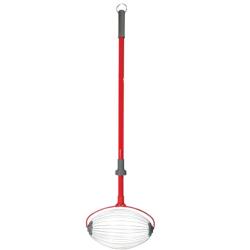 The BirdieBall Golf Ball Picker Upper - Shag Wheel is a red and silver tool with a long handle, rubber grip, and wire cage—super fast and easy for picking up golf balls or BirdieBalls during backyard practice.