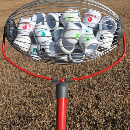 The BirdieBall Golf Ball Picker Upper - Shag Wheel - is a super fast and easy ball picker, ideal for backyard golf practice with white plastic practice balls marked with colored logos.
