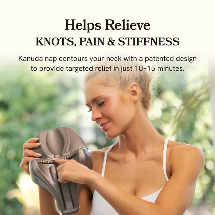 Woman using a decompression device with text about relief from knots, pain, and stiffness.