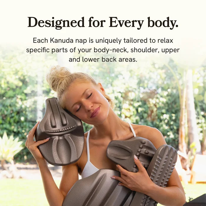 Woman holding three gray decompression devices with text about Kanuda nap products.