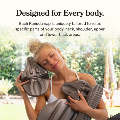 Woman holding three gray decompression devices with text about Kanuda nap products.
