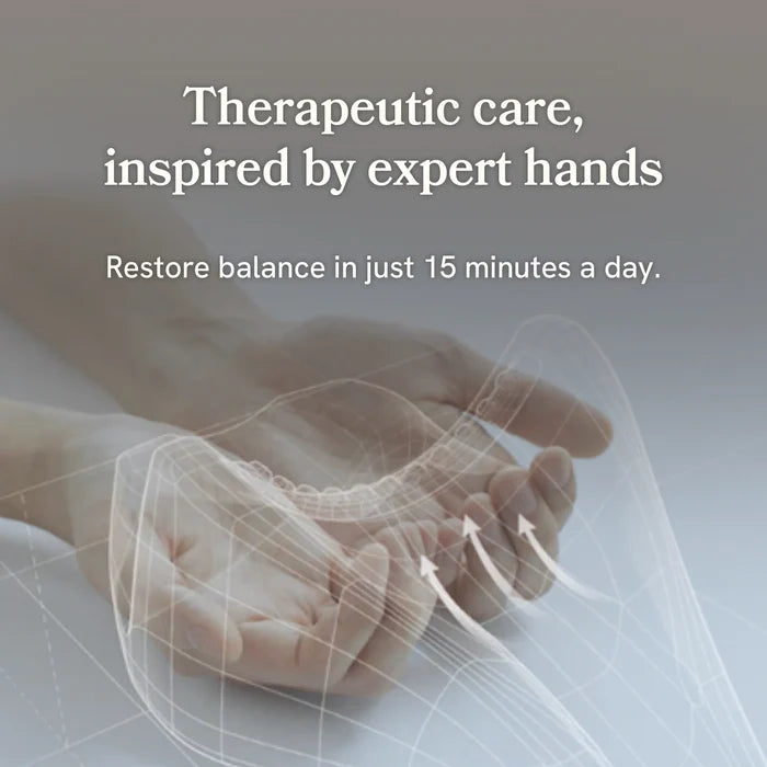Two hands being held with text about therapeutic care and expert hands.