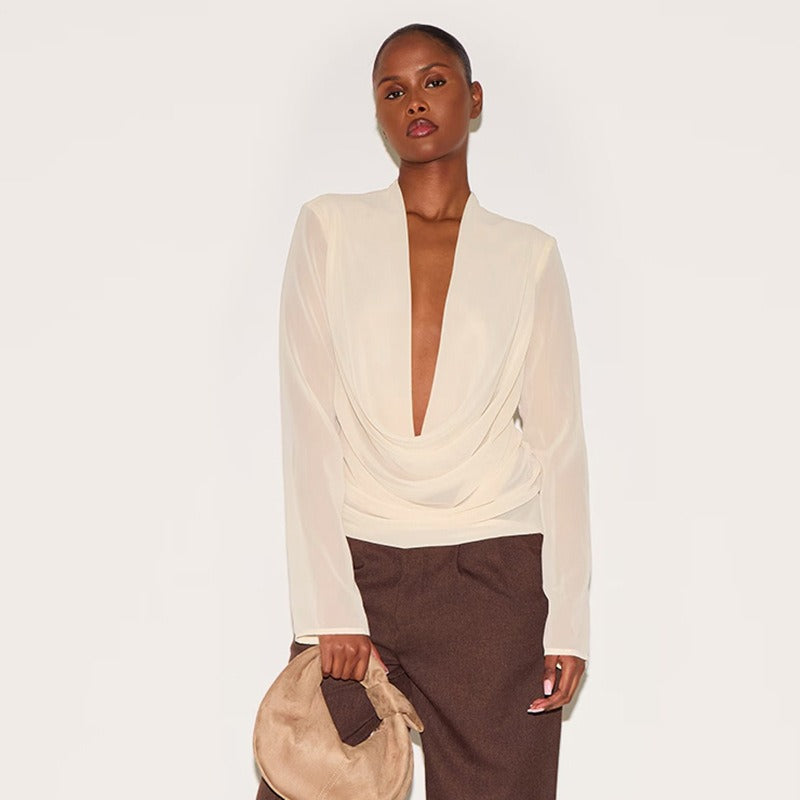 Deep V-neck Chiffon Long-Sleeved Top