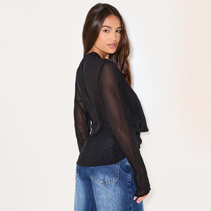 Deep V-neck Chiffon Long-Sleeved Top