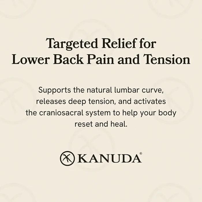 Kanuda advertisement for targeted relief from lower back pain and tension on a beige background.