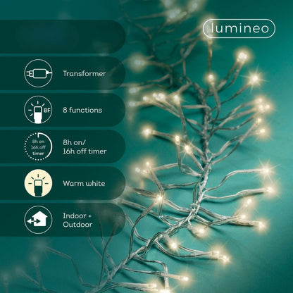 Lumineo Plug In Christmas Lights (Mains Powered) – Warm White LED Cluster String Lights - Clear Cable