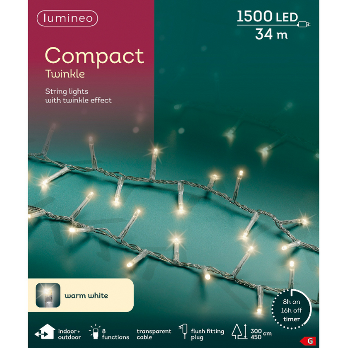 Lumineo Plug In Christmas Lights (Mains Powered) – Warm White LED String Lights - Clear Cable
