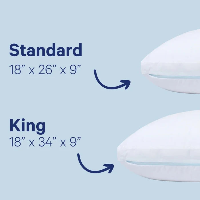 Comparison of standard and king size pillows with dimensions on a light blue background