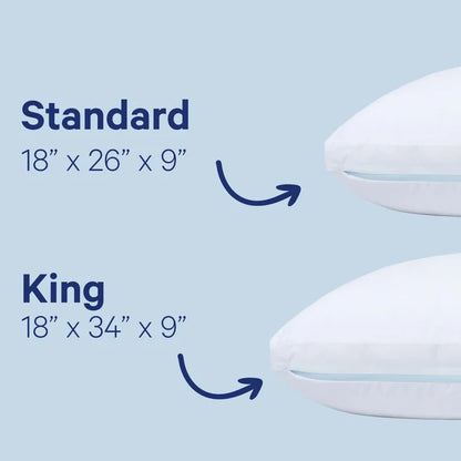 Comparison of standard and king size pillows with dimensions on a light blue background