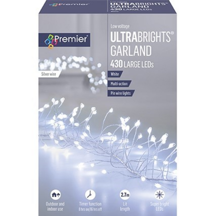Premier Plug In Silver Wire Garland (Mains Powered) - Cool White 430 LED String Lights